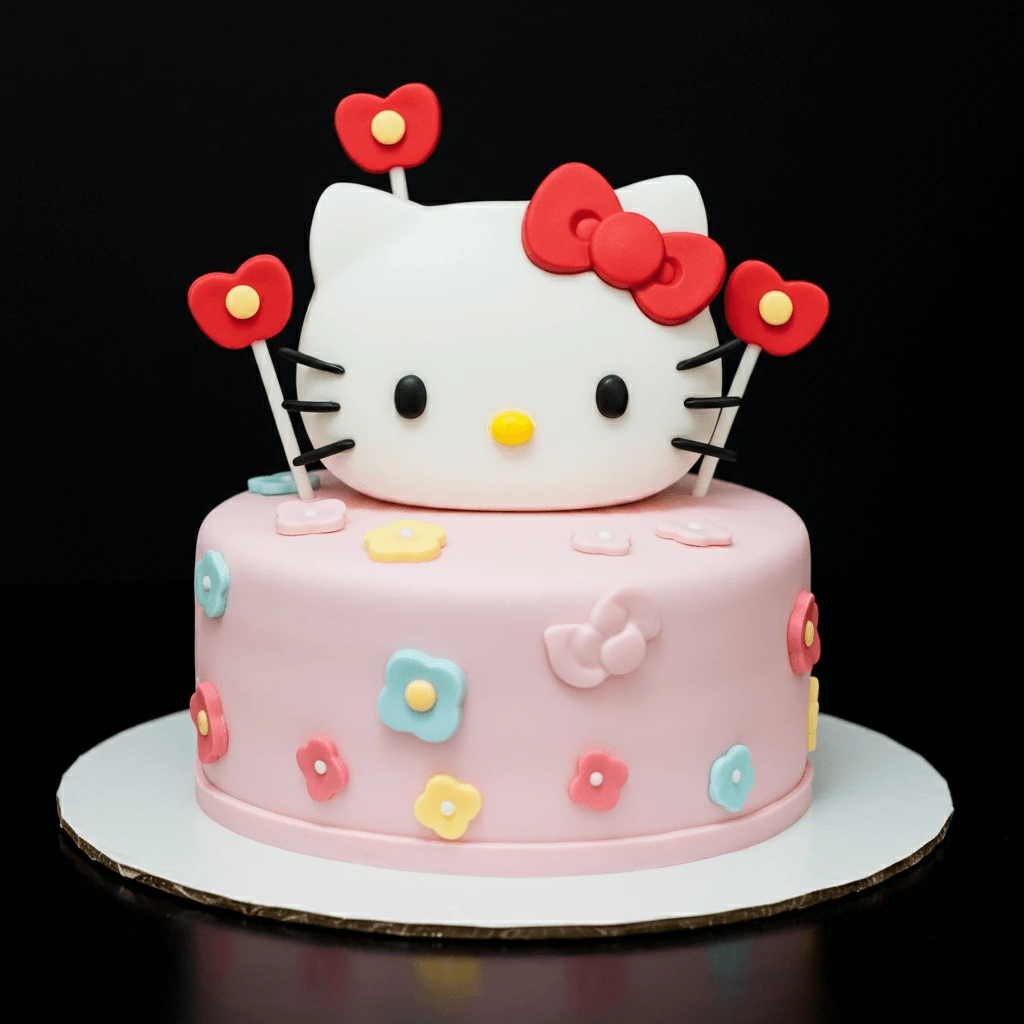 A pink Hello Kitty cake with a fondant Hello Kitty face topper, heart decorations, and colorful floral accents.