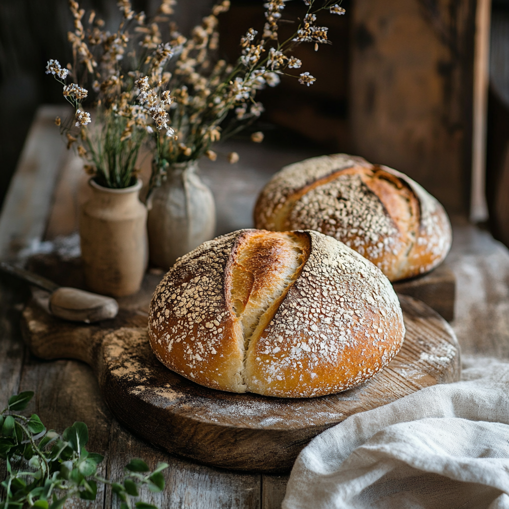 A variety of freshly baked artisan bread loaves placed on a wooden table, surrounded by dried flowers and parchment paper.