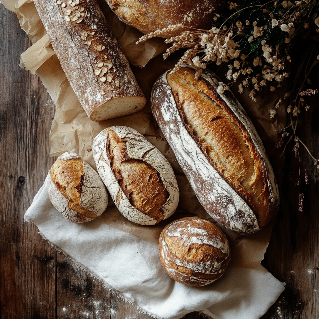 A variety of freshly baked artisan bread loaves placed on a wooden table, surrounded by dried flowers and parchment paper.