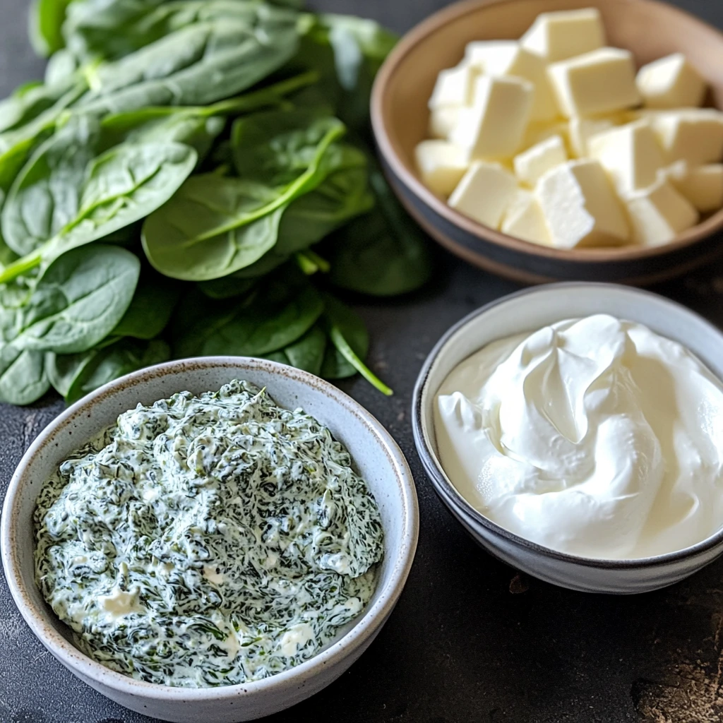 Fresh spinach, sour cream, cream cheese, and key ingredients for classic spinach dip.