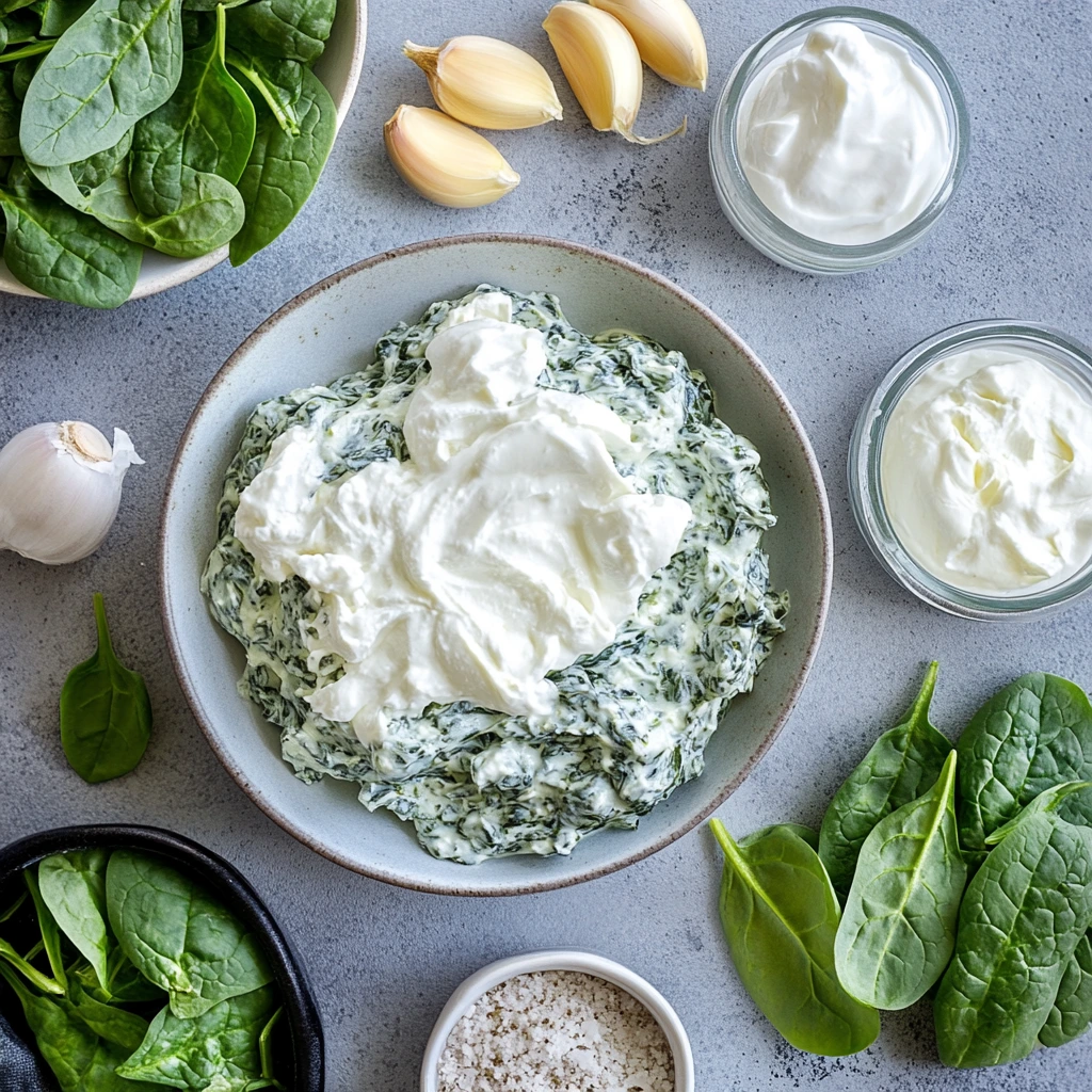 Fresh spinach, sour cream, cream cheese, and key ingredients for classic spinach dip.