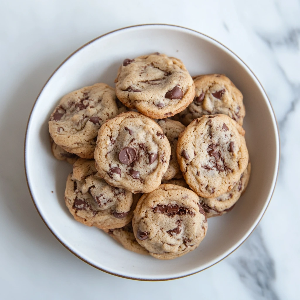 Close-up of freshly baked chocolate chip cookies with golden edges and melted chocolate chips.