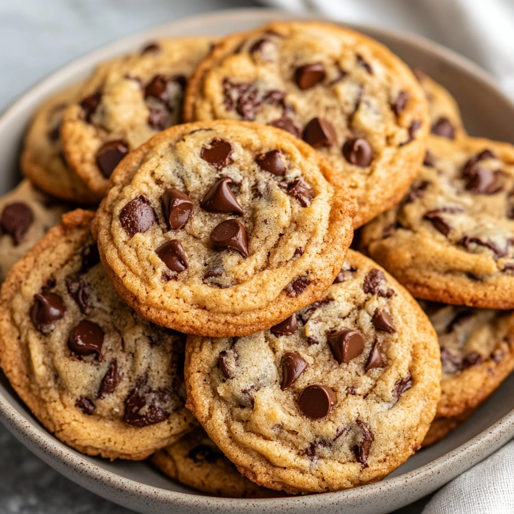 Close-up of freshly baked chocolate chip cookies with golden edges and melted chocolate chips.