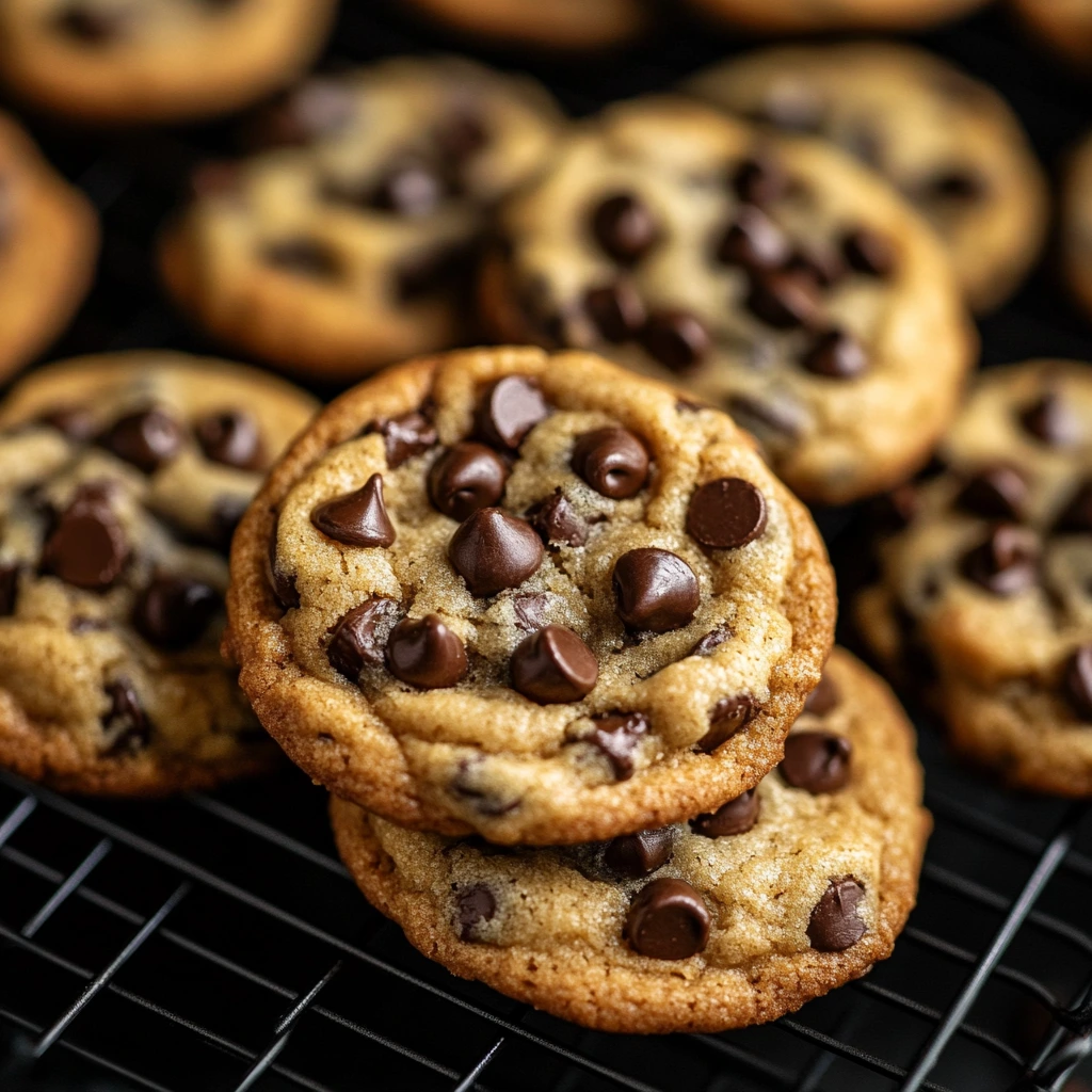 Close-up of freshly baked chocolate chip cookies with golden edges and melted chocolate chips.