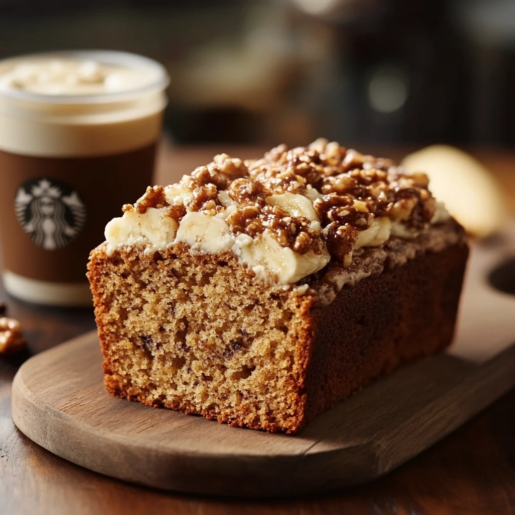 A freshly baked loaf of banana bread topped with banana slices and chopped nuts, displayed alongside a Starbucks cup