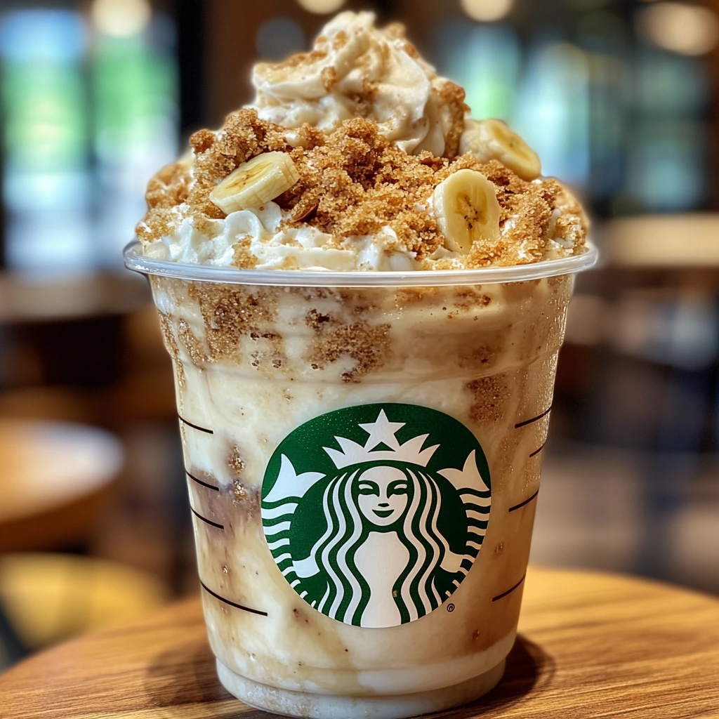 A freshly baked loaf of banana bread topped with banana slices and chopped nuts, displayed alongside a Starbucks cup