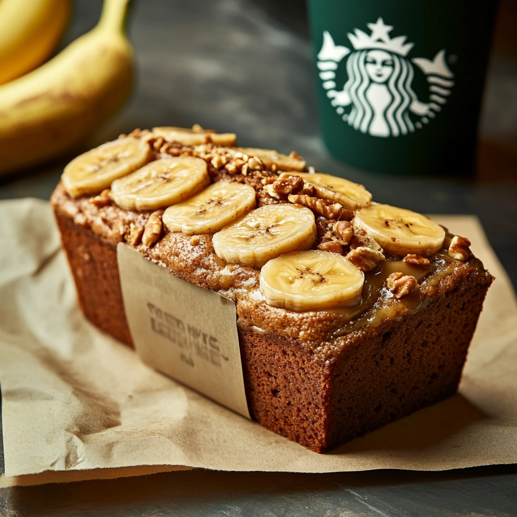 A freshly baked loaf of banana bread topped with banana slices and chopped nuts, displayed alongside a Starbucks cup