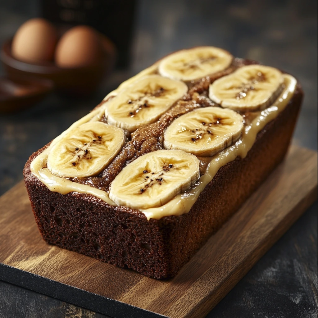 A freshly baked loaf of banana bread topped with banana slices and chopped nuts, displayed alongside a Starbucks cup