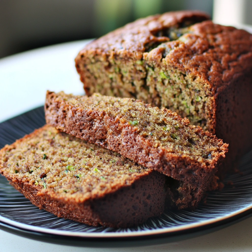 Healthy zucchini bread with fresh zucchini slices and a slice of bread on a wooden table.