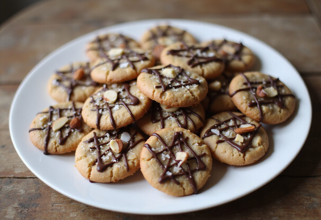 Finished Almond Joy Cookies with chocolate, coconut, and almonds.