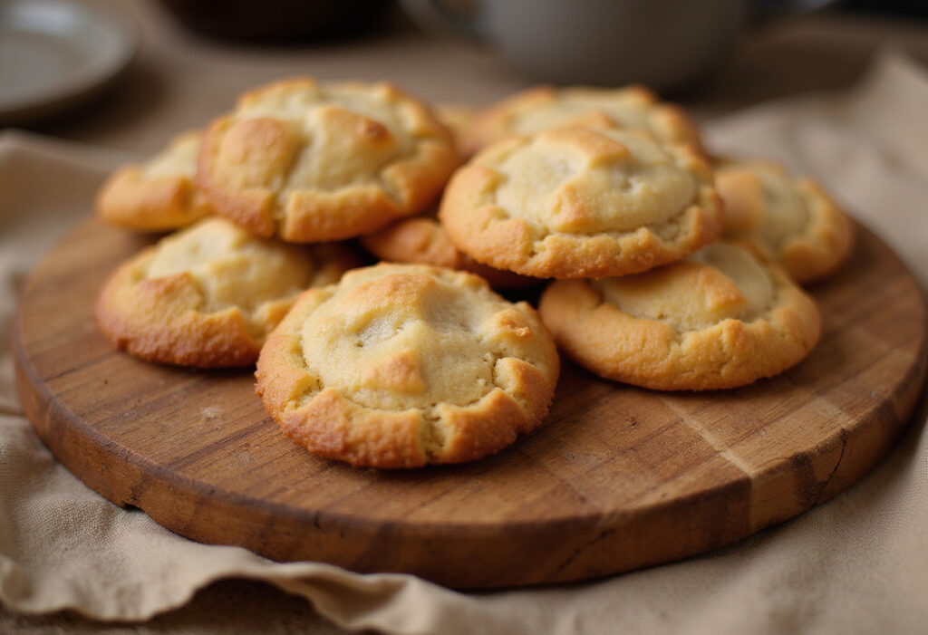 Deliciously baked gluten-free Pignoli cookies served on a wooden board.