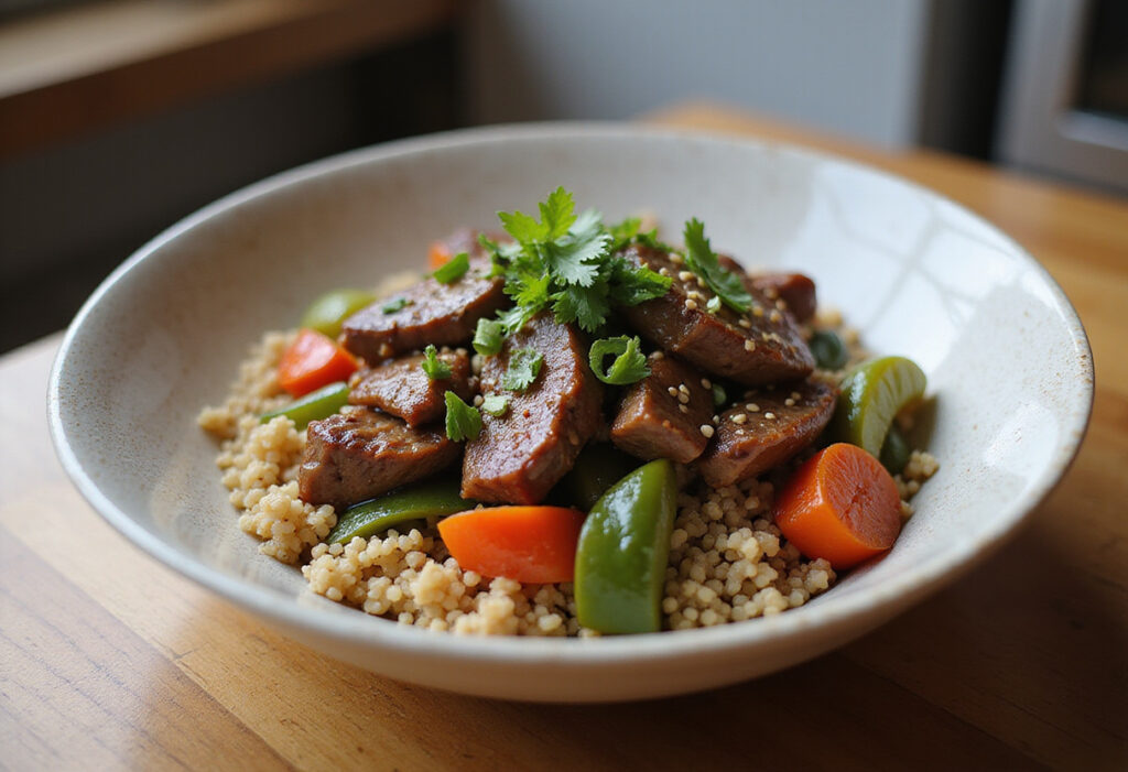 Healthy stir-fried shaved beef and vegetables with quinoa.
