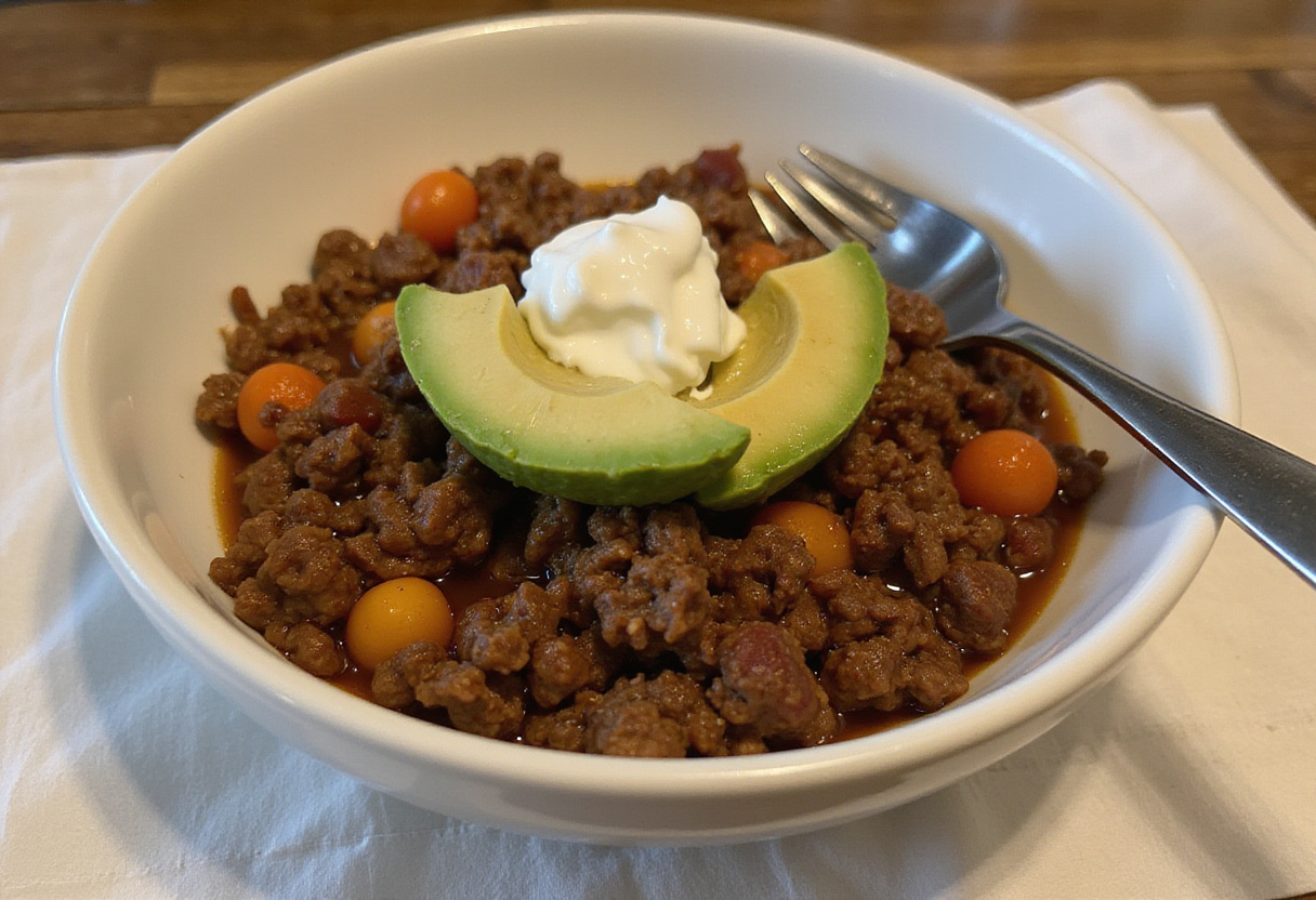 Finished quick keto ground beef meal with avocado and sour cream.