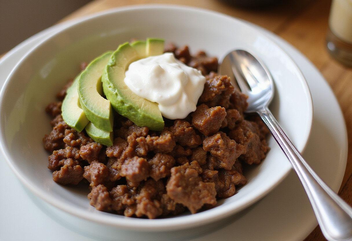 Finished quick keto ground beef meal with avocado and sour cream.
