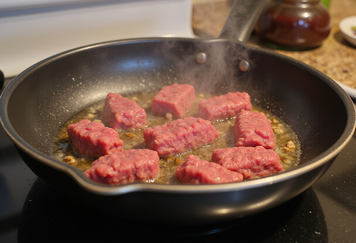 Ground beef browning in a skillet for a quick keto meal.