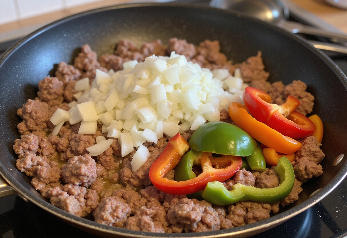Onions and peppers added to ground beef for keto recipe.