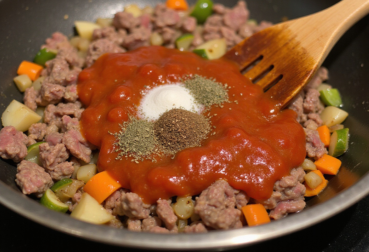 Tomato sauce and seasonings being stirred into ground beef mixture for a keto meal.