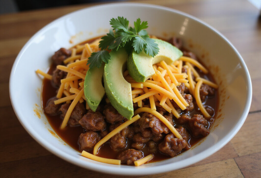 Keto Beef Mince recipe served with cheese, avocado, and cilantro.