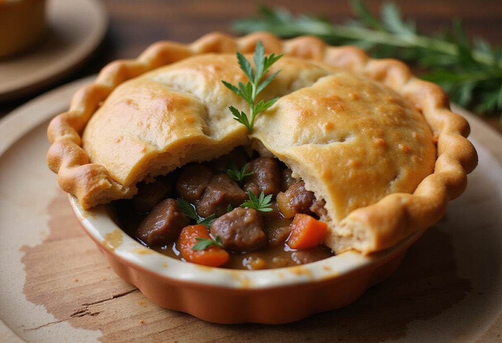 Homemade beef pot pie with golden crust, perfect for a comforting meal.