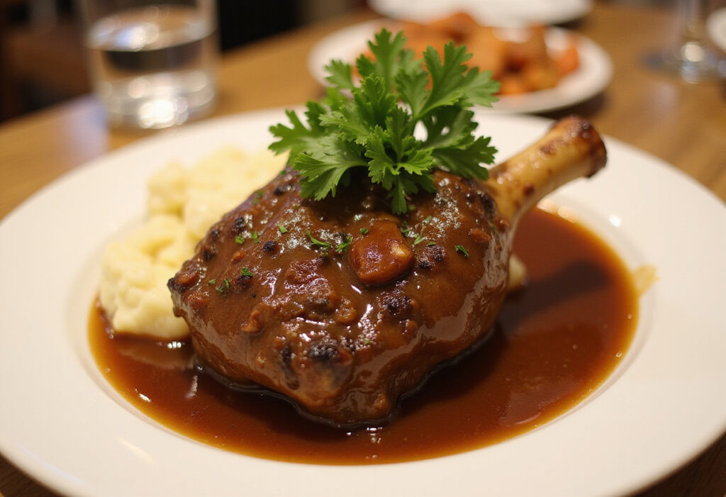 Finished braised beef shank with sauce and mashed potatoes, a gourmet presentation of a beef shank recipe.