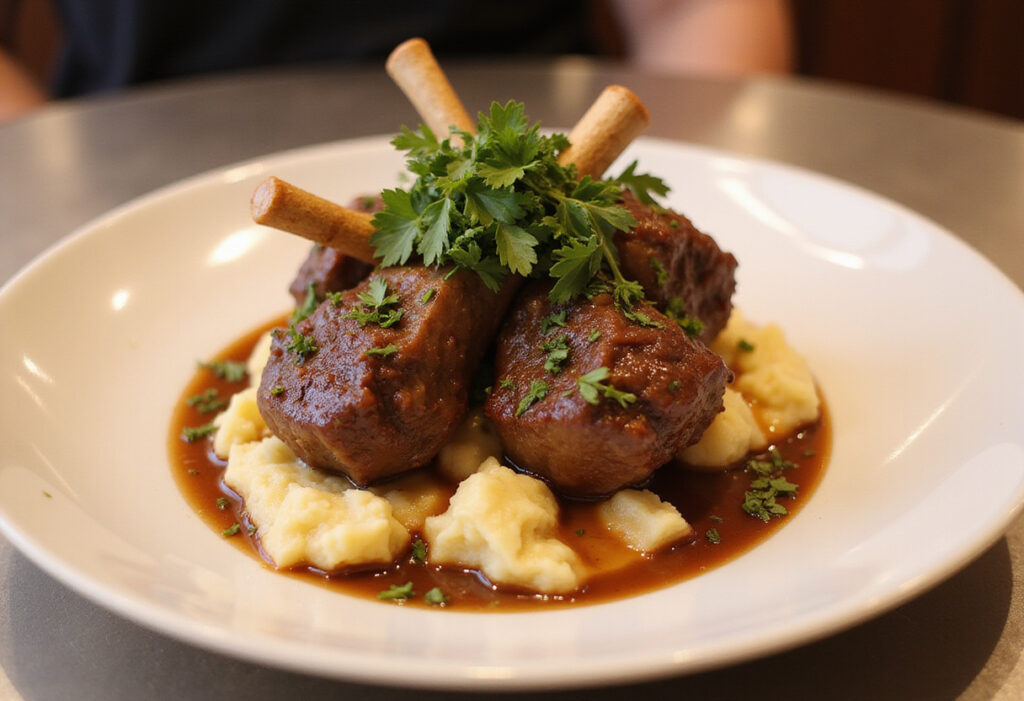 Delicious braised beef shanks served with mashed potatoes, a gourmet meal.