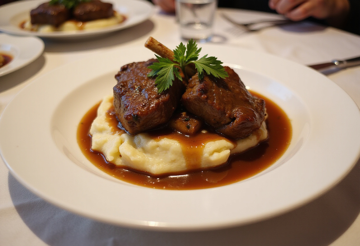 Delicious braised beef shanks served with mashed potatoes, a gourmet meal.