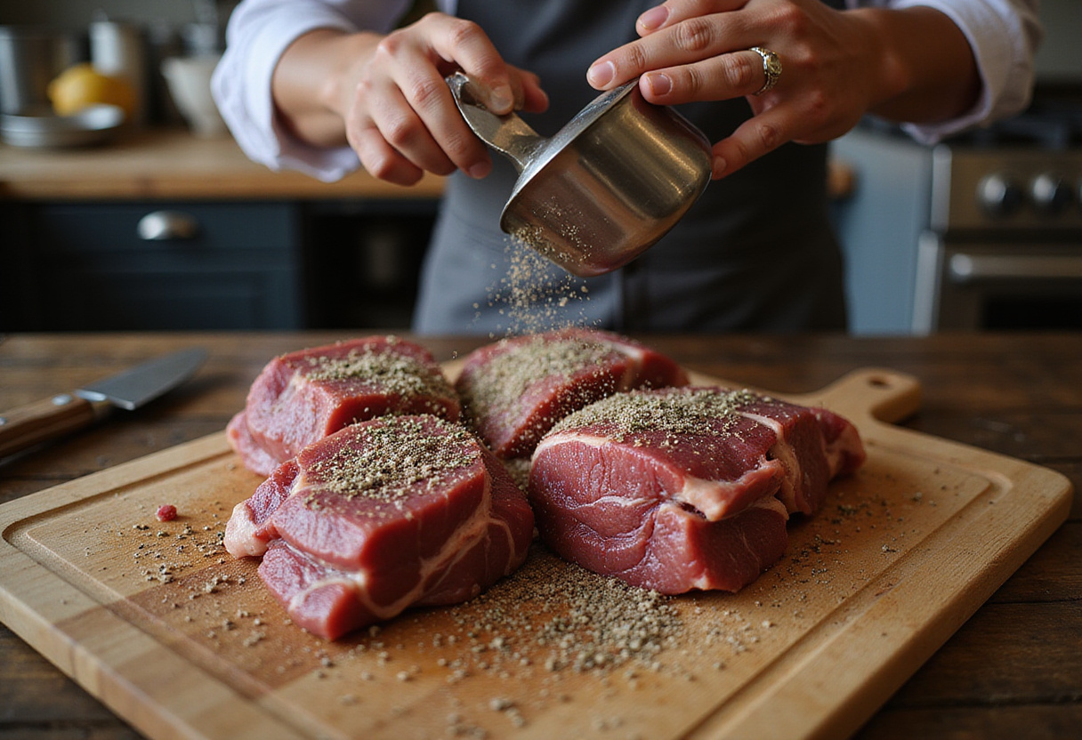 Beef shanks being seasoned for a delicious braised beef shank recipe.