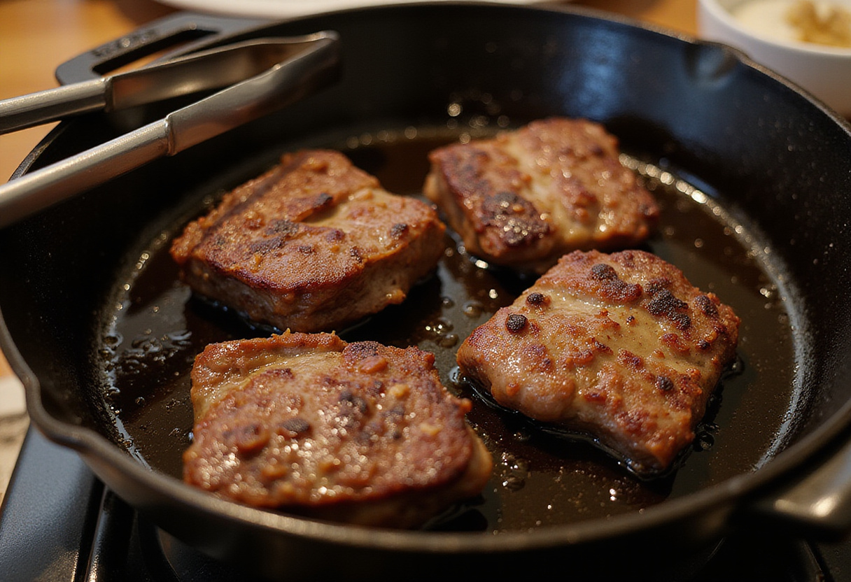 Browning beef shanks in a skillet for a flavorful braised dish.