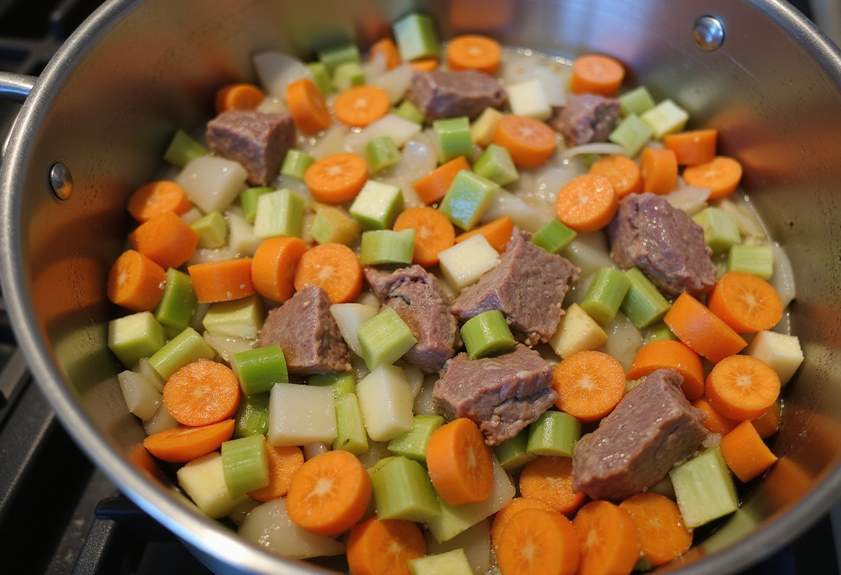 Sautéing vegetables as a base for a savory beef shank recipe.