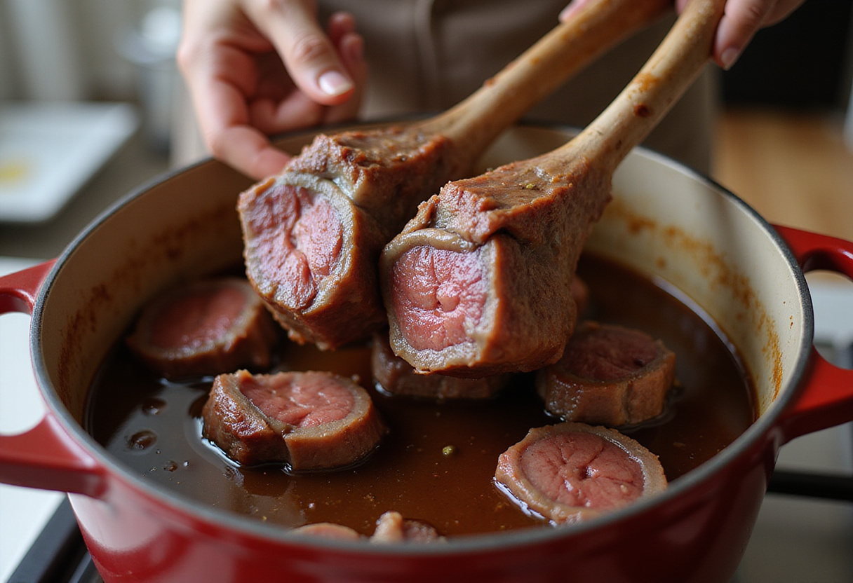 Beef shanks simmering in red wine and beef broth for a rich flavor.