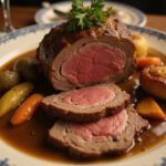 Delicious sliced Beef Shoulder Roast on a platter with gravy and vegetables, perfect for a family meal.