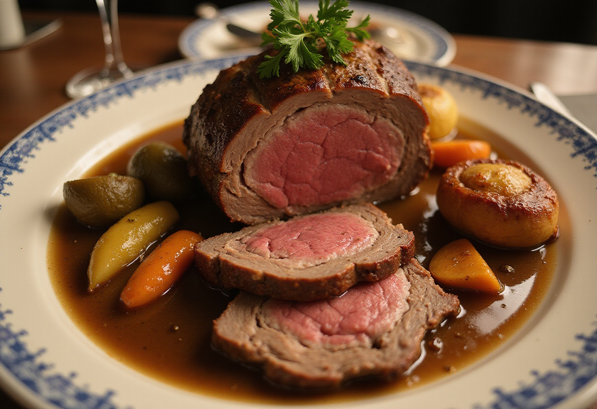 Delicious sliced Beef Shoulder Roast on a platter with gravy and vegetables, perfect for a family meal.