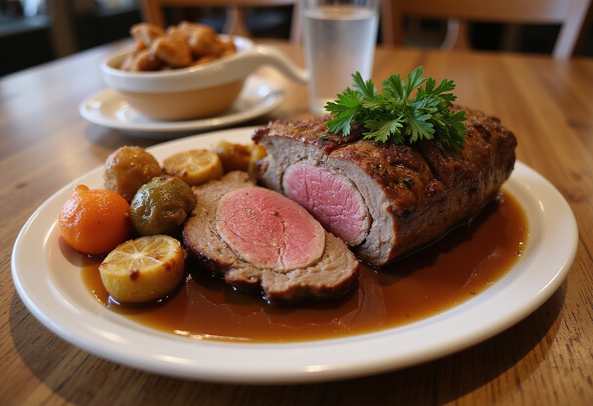 Delicious sliced Beef Shoulder Roast on a platter with gravy and vegetables, perfect for a family meal.