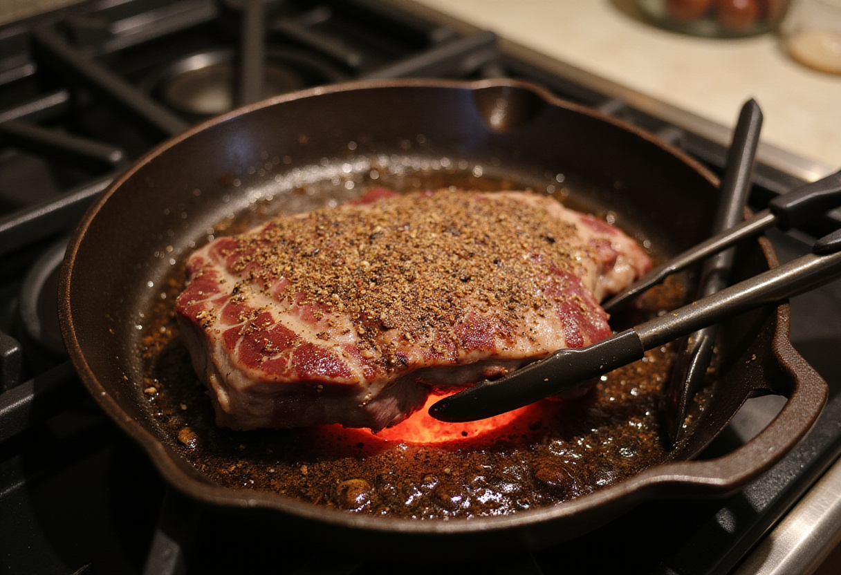 Beef shoulder roast searing in a skillet for a Beef Shoulder Roast Recipe.