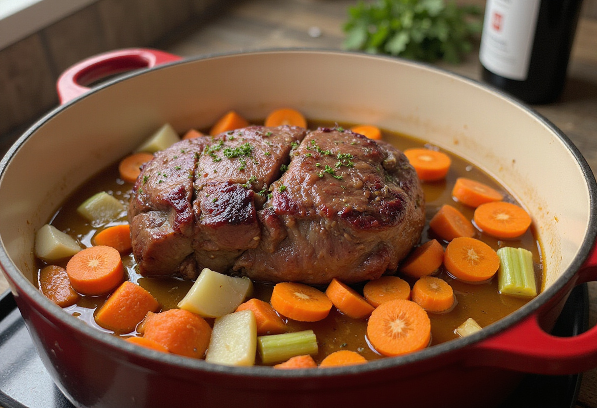 Beef shoulder roast with vegetables in a Dutch oven ready for braising, a step from a Beef Shoulder Roast Recipe.