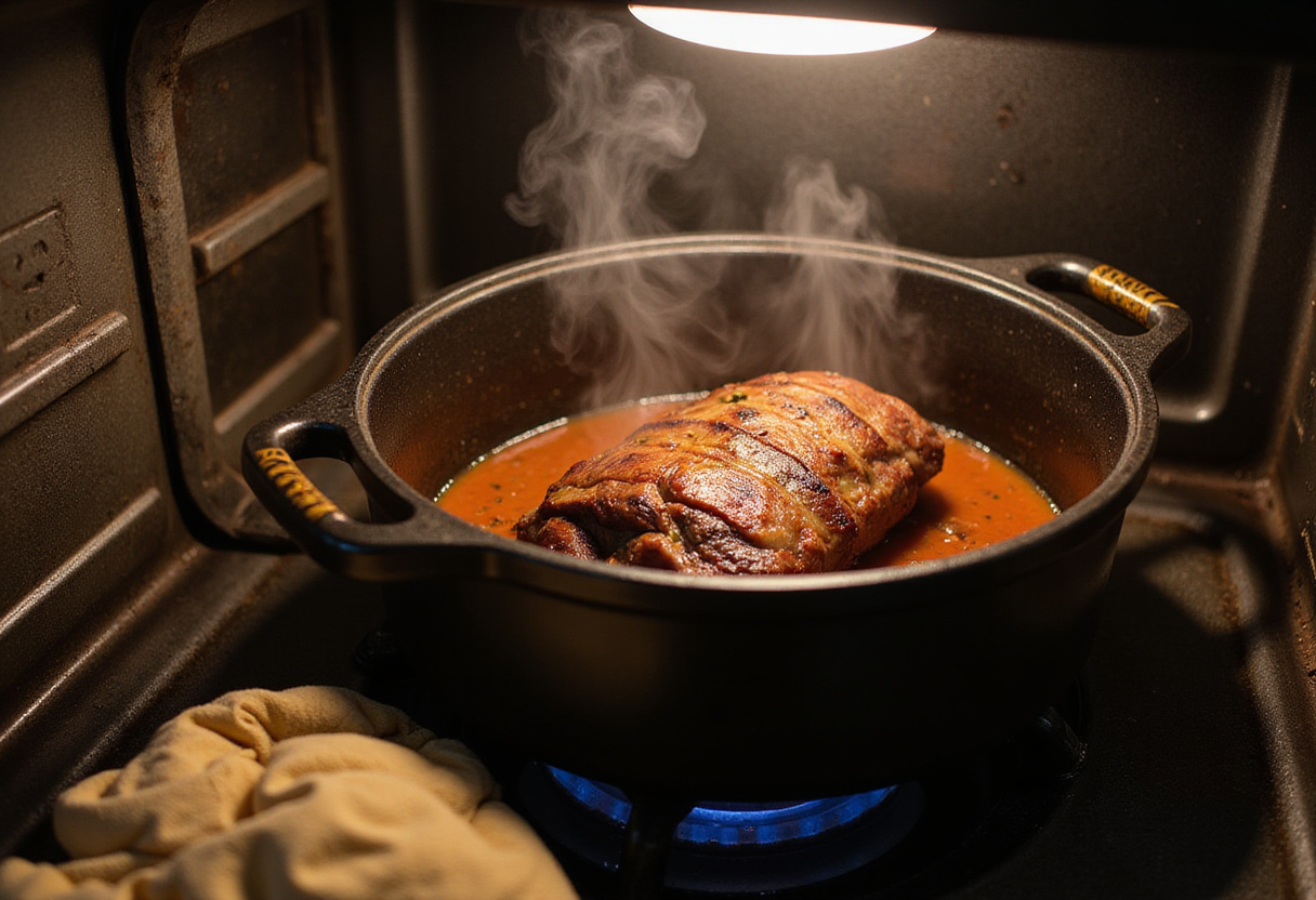 Beef shoulder roast braising in the oven inside a Dutch oven, cooking process of Beef Shoulder Roast Recipe.