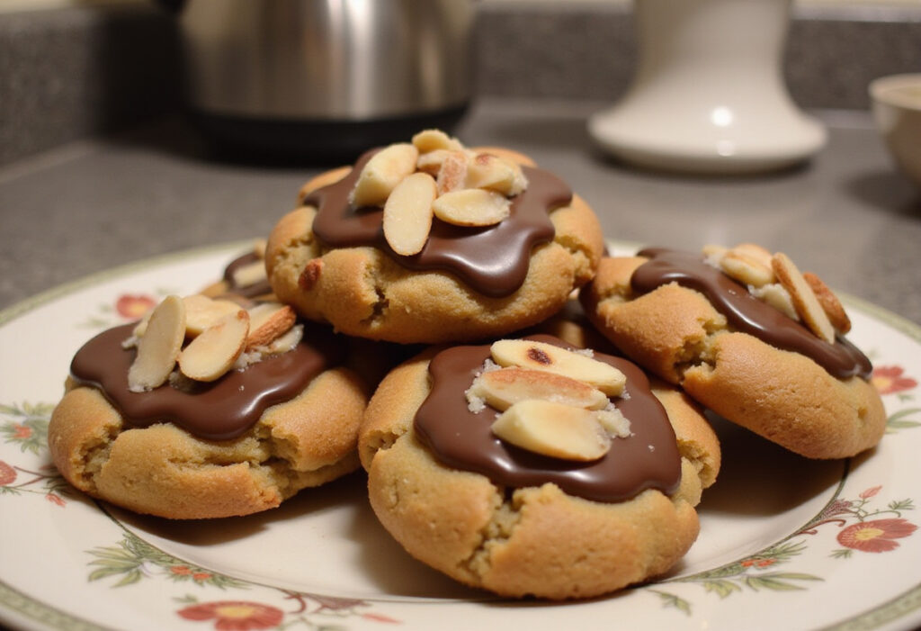 Finished flourless Almond Joy cookies with chocolate and almonds, ready to eat.