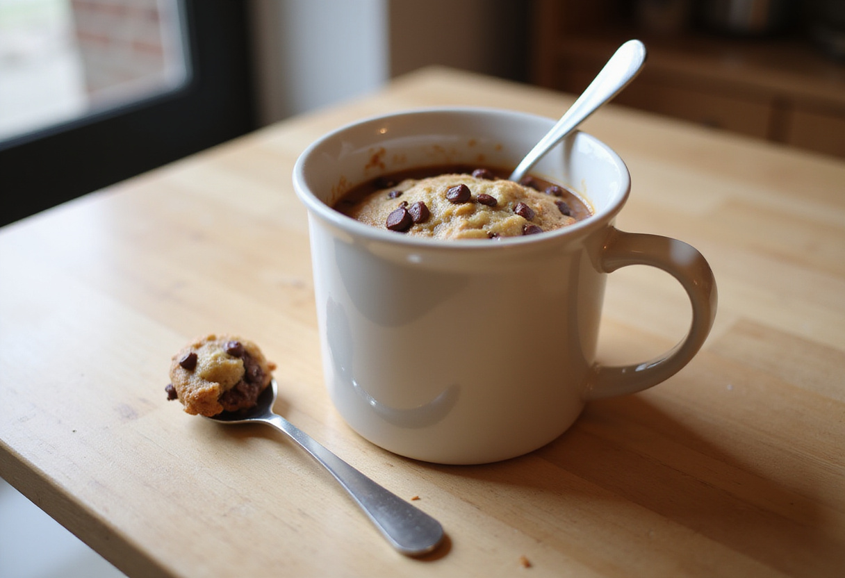 Freshly baked eggless chocolate chip mug cookie ready to eat.