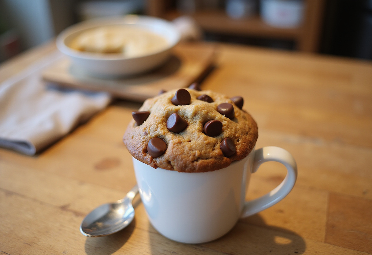 Freshly baked eggless chocolate chip mug cookie ready to eat.