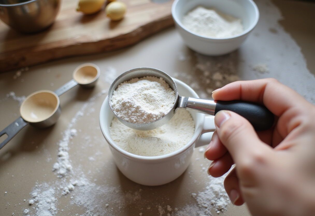Measuring flour into a mug for eggless mug cookie recipe.