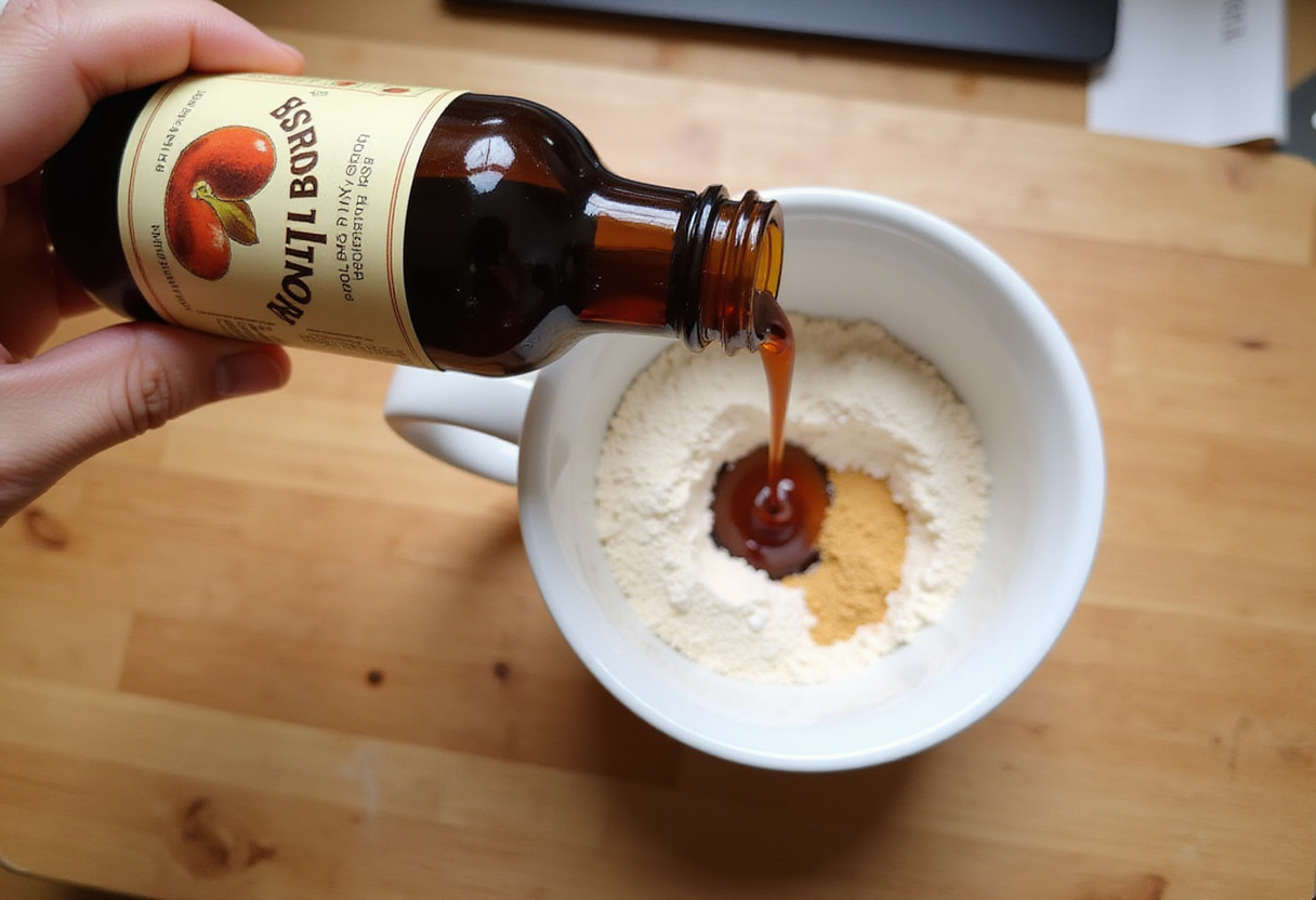 Adding vanilla extract to dry ingredients in a mug for egg-free mug cookie.