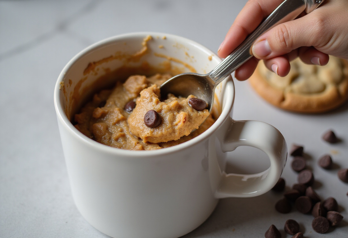 Stirring cookie dough in a mug for an eggless cookie, preparing to bake.