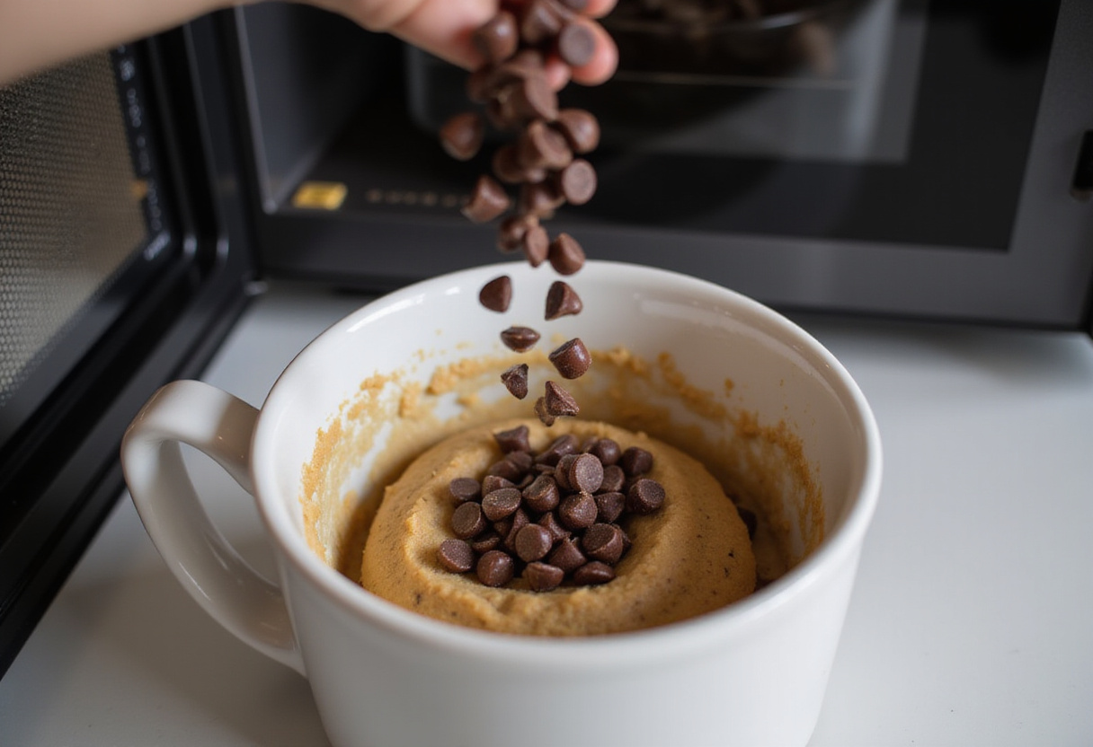 Adding chocolate chips to mug cookie before microwaving to make an eggless dessert.
