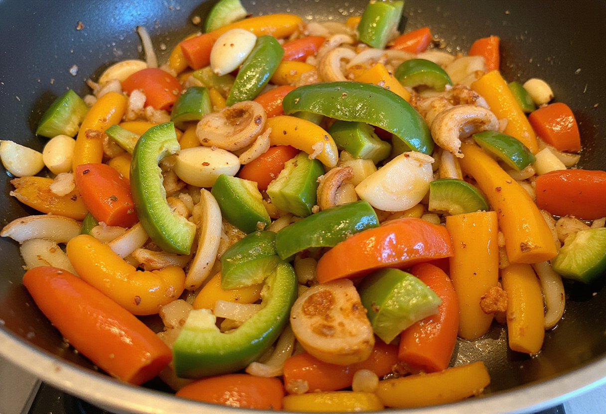 Sauteing vegetables for a beef mince keto casserole.