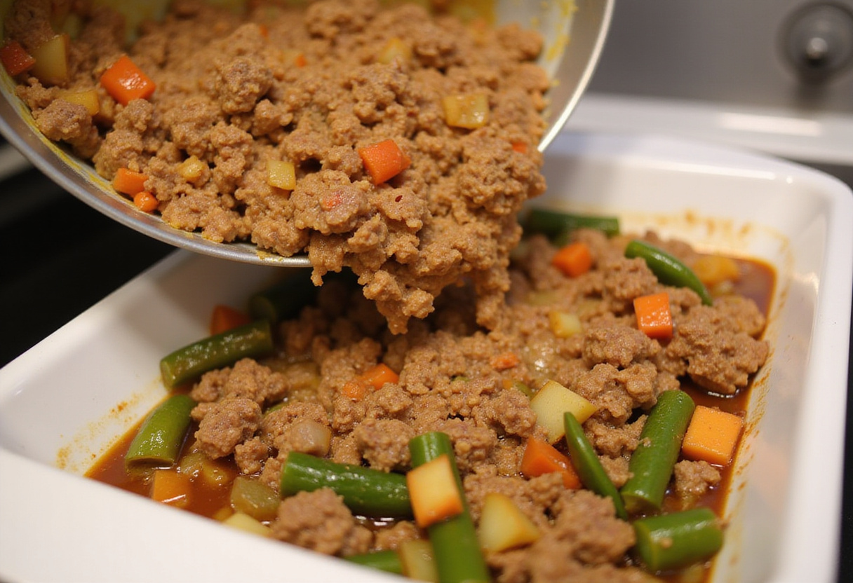 Ground beef and vegetable mixture being added to a casserole dish for keto baking.