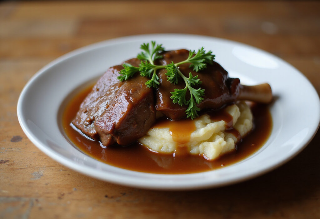 Delicious slow-cooked beef shank served with mashed potatoes and gravy.