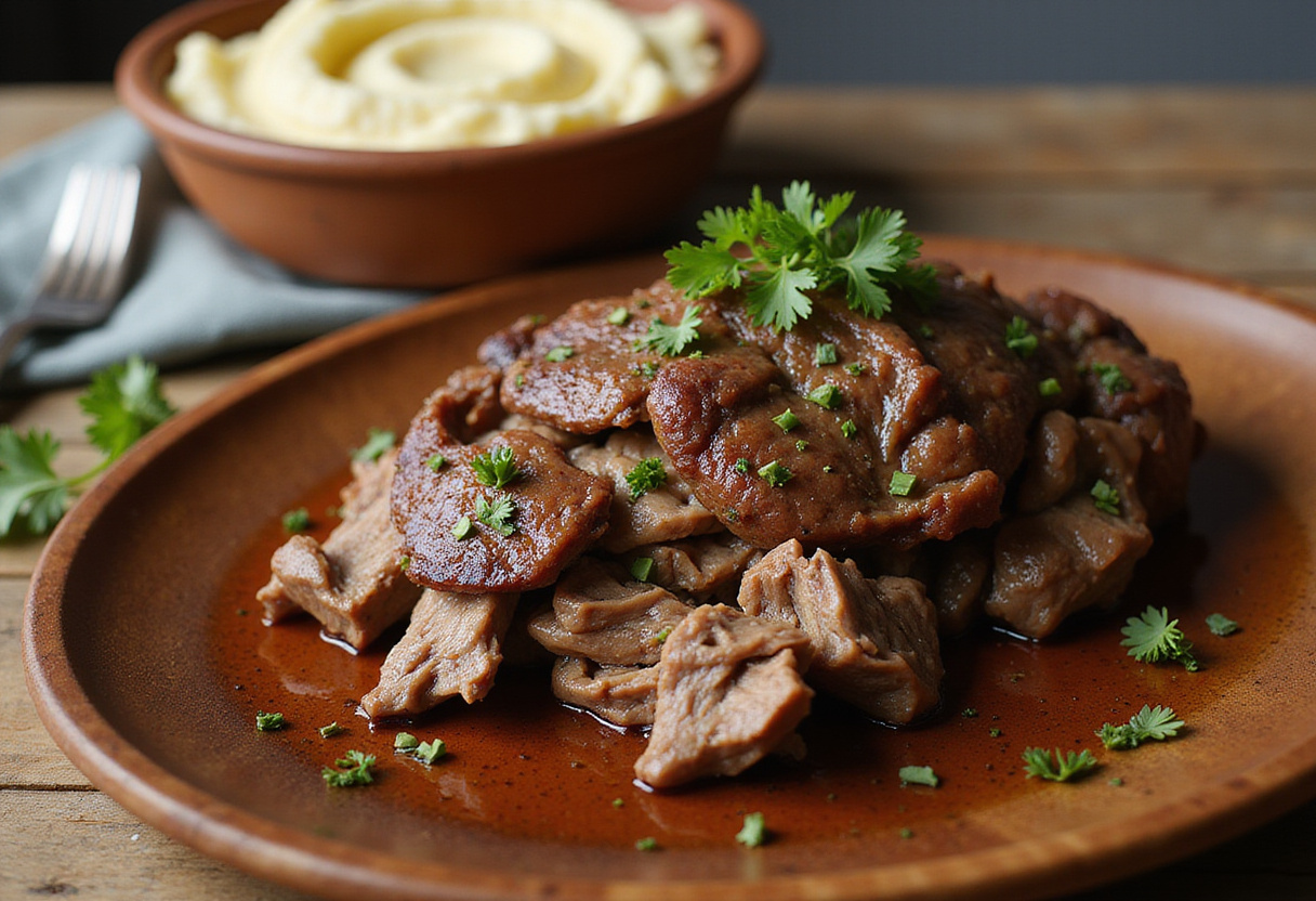 Shredded beef shoulder roast served with mashed potatoes.