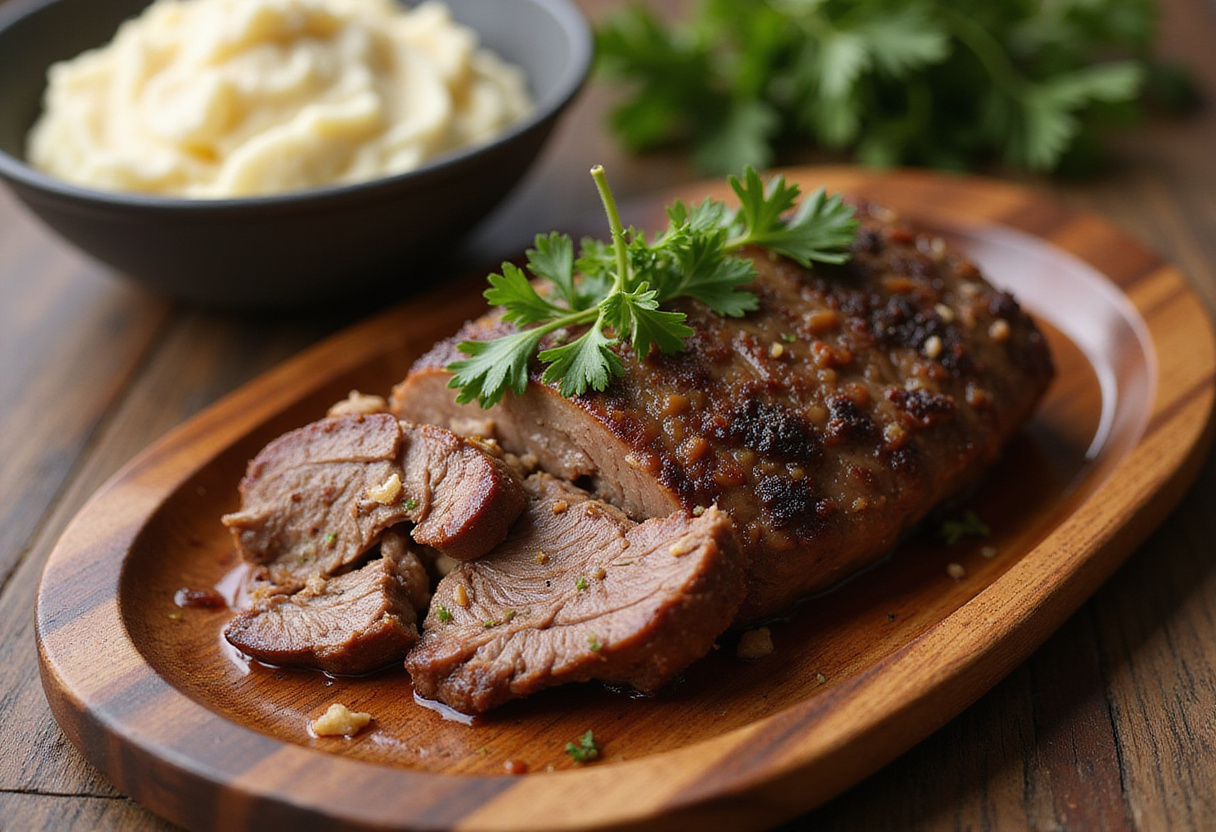 Shredded beef shoulder roast served with mashed potatoes.