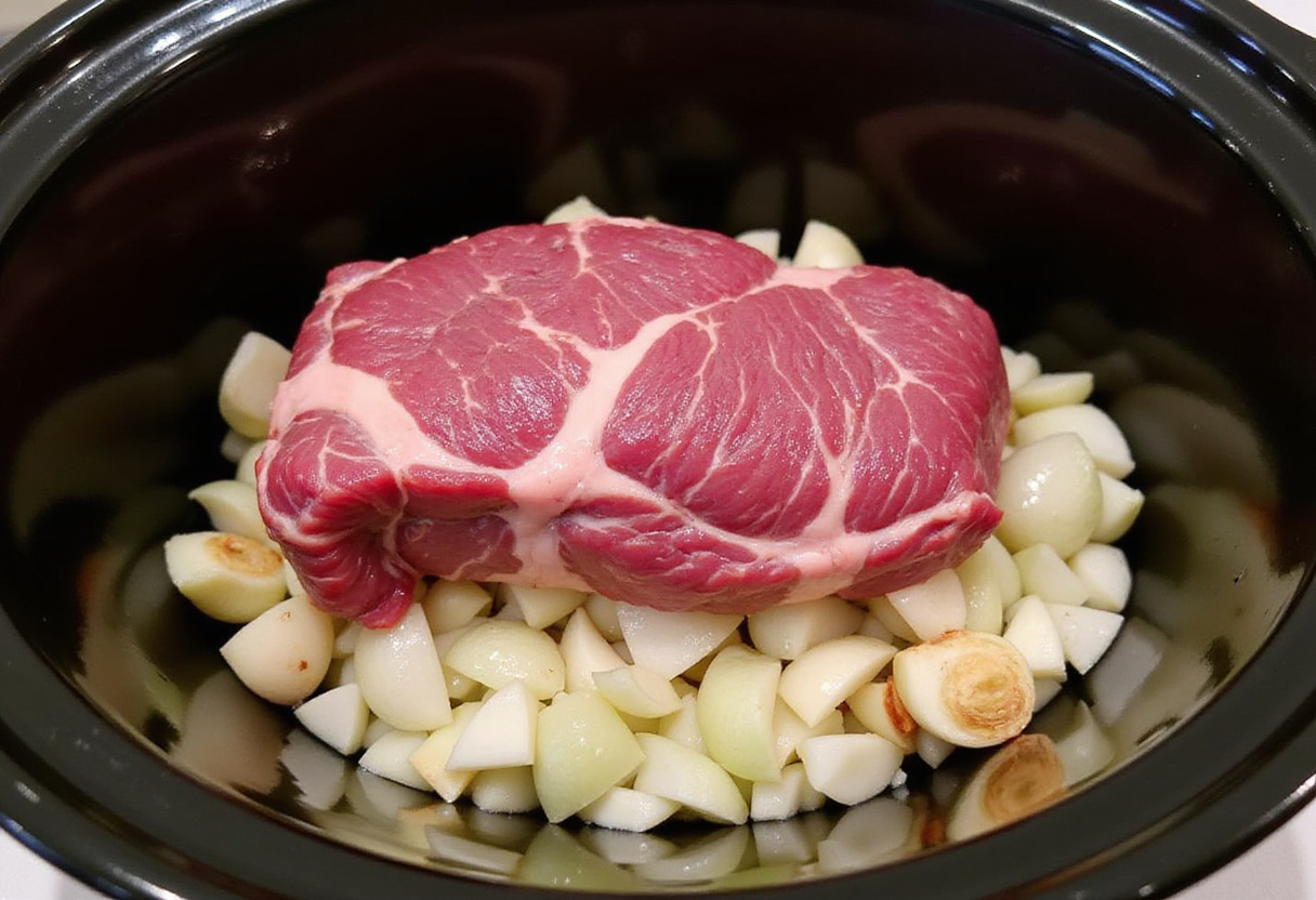 Preparing beef shoulder roast in a crockpot.