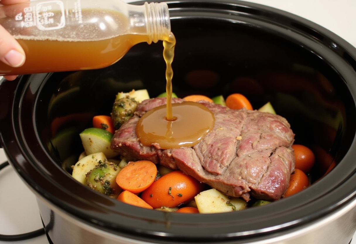 Adding beef broth to beef shoulder roast in a crockpot.